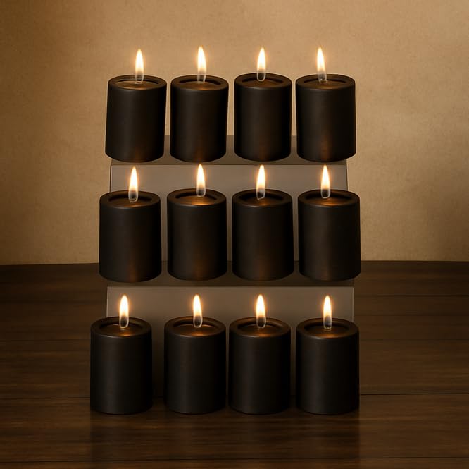 Stone & Feather, (Pack of 12) Black Pillar Candle Unscented, Long Burning time for self healing, removing negative energy, sprit